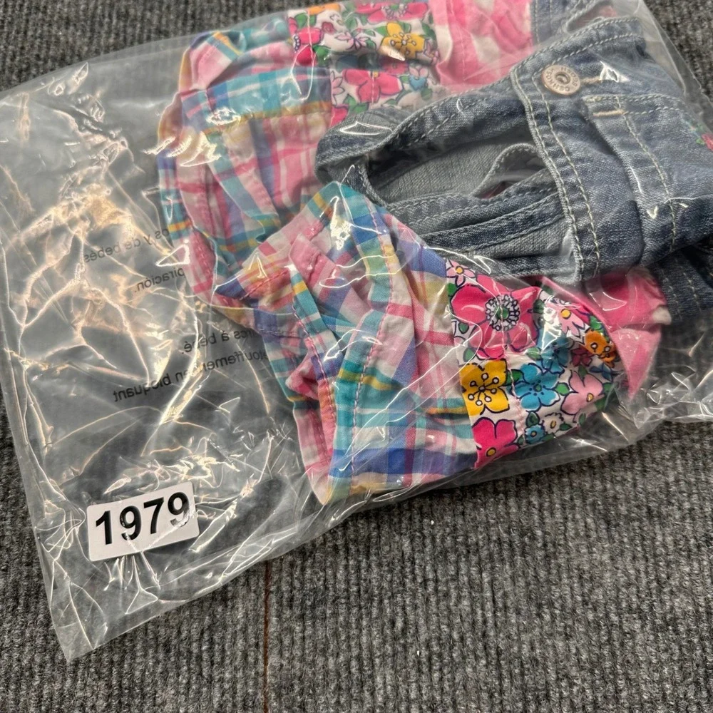 Vtg OshKosh B'gosh Overall Dress Baby Girl 9M Ruffle Floral Plaid Denim Blue Y2K